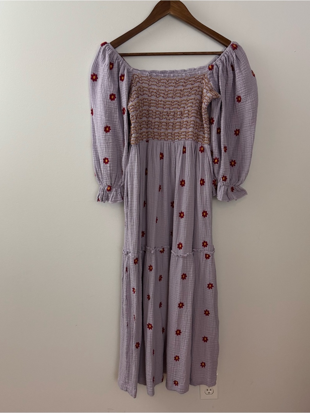 Womens Floral Embroidered Dresses Long Puff Sleeve Size L